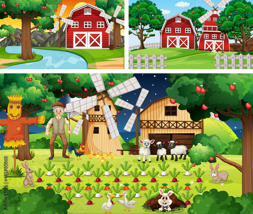 Set of farm scenes at different times