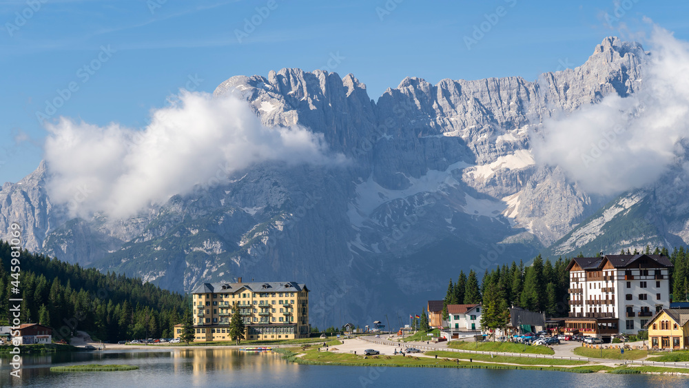 Amazing aerial view of the Misurina lake closed to National Park Tre Cime di Lavaredo, Auronzo, Dolomiti Alps, South Tyrol, Italy, Europe. Colorful summer landscape of the Misurina lake