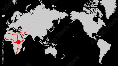 Animation of distribution scheme of Homo sapiens on continents of earth. Transparent background with alpha channel. Concept - overview map of peopling of world by anatomically modern humans.