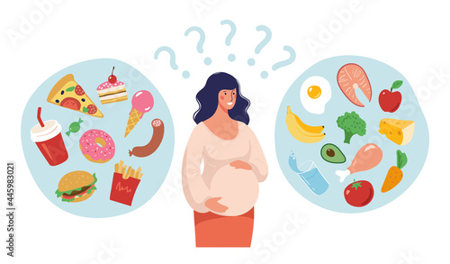 The concept of healthy and unhealthy food during pregnancy. A pregnant woman is thinking about her menu, the recommendations of a nutritionist and doctor. Flat cartoon vector illustration.