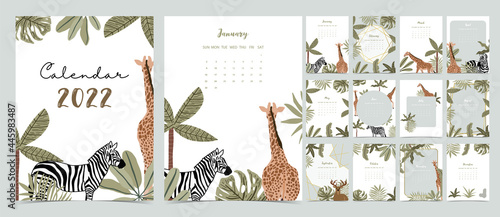 2022 table calendar week start on Sunday with safari that use for vertical digital and printable A4 A5 size