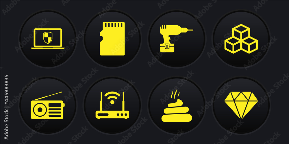 Set Radio, Isometric cube, Router and wi-fi, Shit, Drill machine and Micro SD memory card icon. Vector Set Radio, Isometric cube, Router and wi-fi, Shit, Drill machine and Micro SD memory card icon. Vector