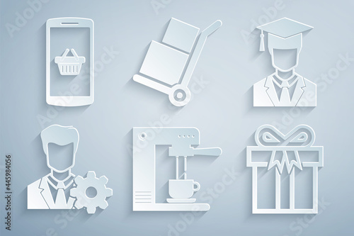 Set Coffee machine and cup, Graduate with graduation cap, Profile settings, Gift box, Hand truck boxes and Shopping basket mobile icon. Vector