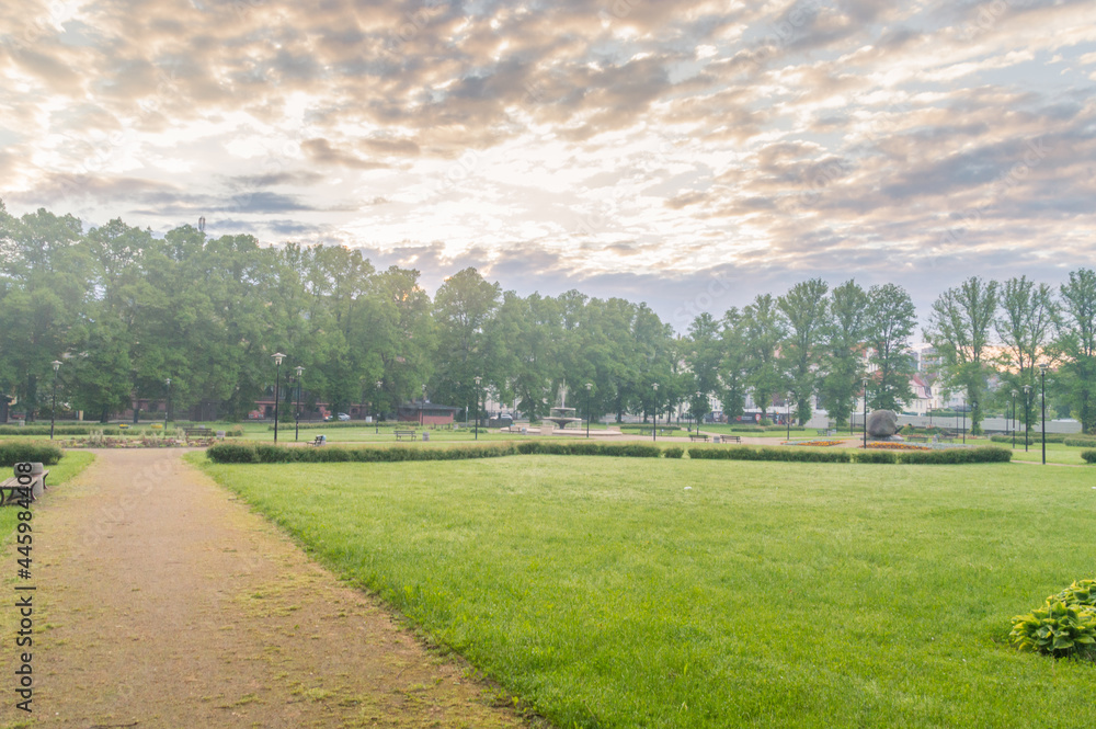 Sunrise in city park in Zgorzelec, Poland.