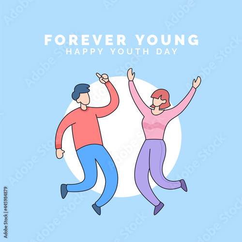 happy couple man and girl jump pose celebrate happy youth day forever young event cartoon style vector illustration