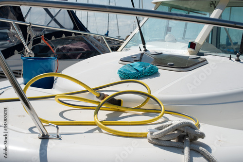 Boat cleaning equipment close up. Yacht maintenance concept.