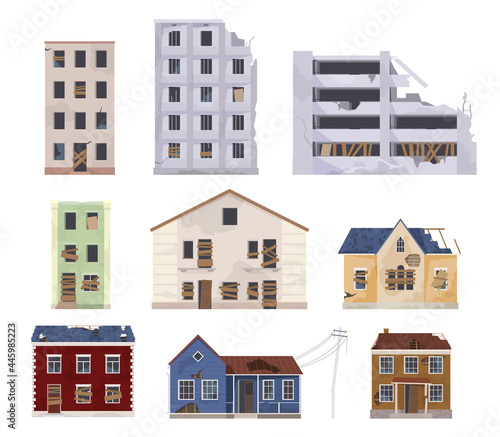 Collection abandoned and destroyed houses vector flat illustration damaged dwelling construction © Vikivector