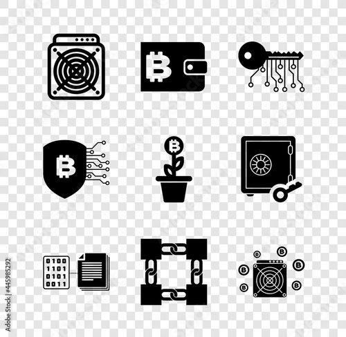 Set ASIC Miner, Cryptocurrency wallet, key, Smart contract, Blockchain technology and icon. Vector