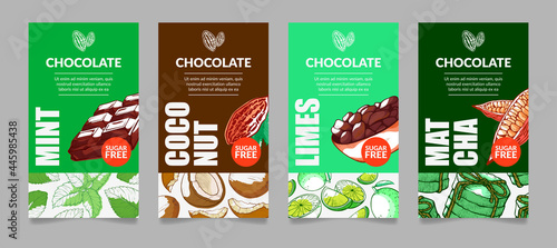 Collection chocolate labels original design vector flat illustration packaging template choco candy