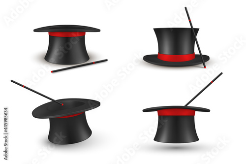 Collection black traditional magician hat with magic wand vector realistic headdress for surprising