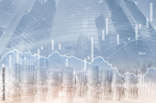 Finance Capital banking and investment concept, Double exporsure stacked of coins and city with graph mixed media