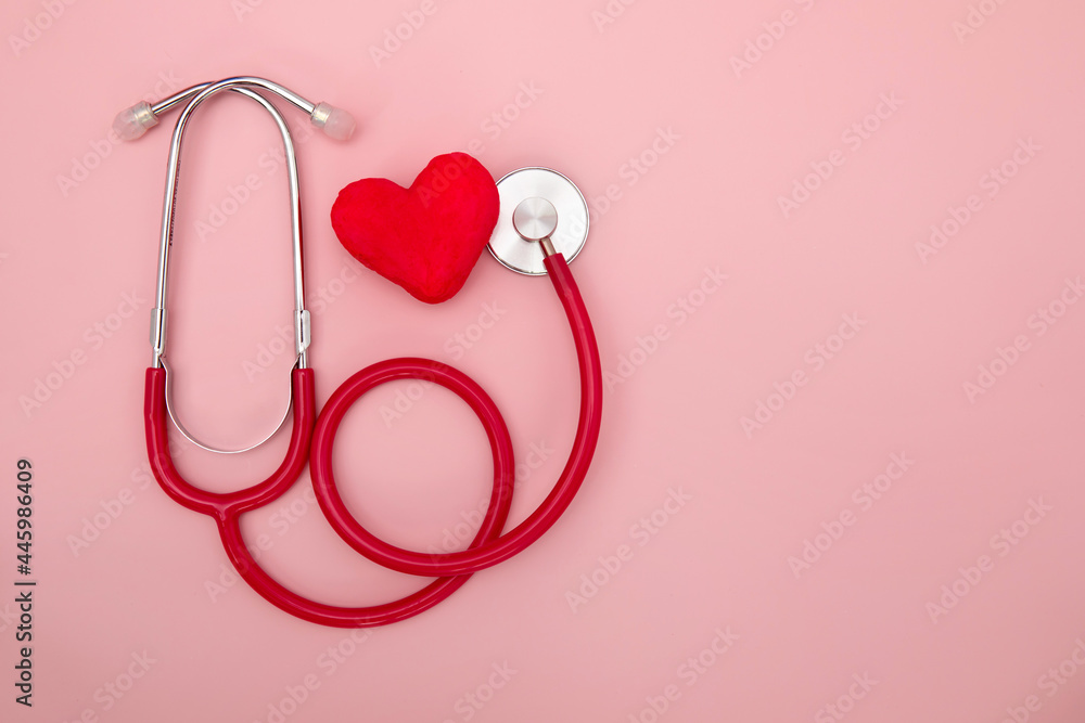 Red Stethoscope with Shape of Heart , the doctor medical use to diagnose heartbeat ,World heart day concept Red Stethoscope with Shape of Heart , the doctor medical use to diagnose heartbeat ,World heart day concept
