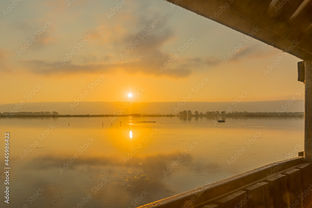 Sunrise with wetland and floating bridge, Hula Nature Reserve
