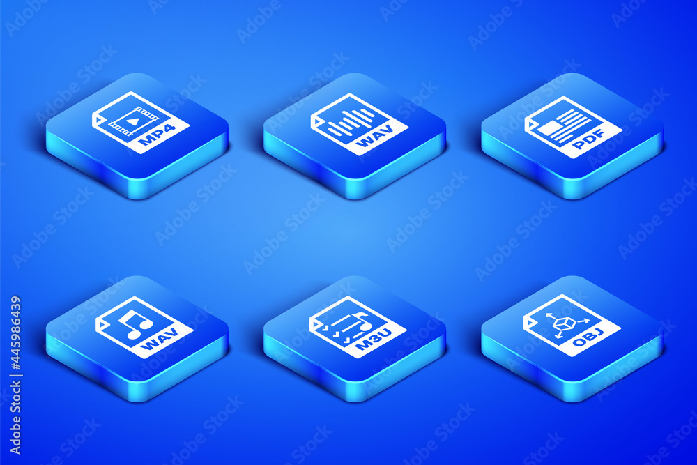 Set OBJ file document, MP4, M3U, WAV, and PDF icon. Vector Set OBJ file document, MP4, M3U, WAV, and PDF icon. Vector