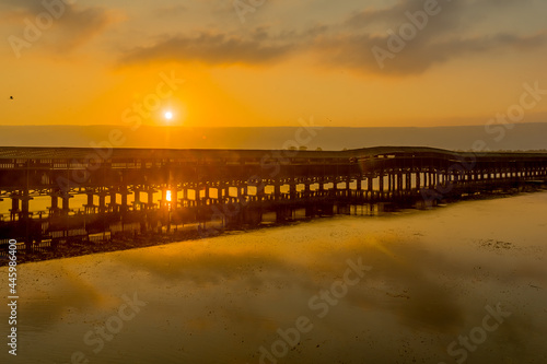 Sunrise with wetland and floating bridge  Hula Nature Reserve