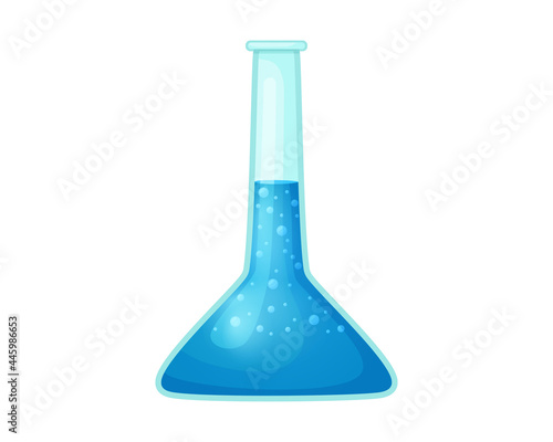 Chemical test tube with blue solution in cartoon style. Vector illustration of a flask with liquid. Isolated on white background.
