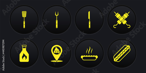 Set Ketchup bottle, Grilled shish kebab, Location with barbecue, Hotdog sandwich, Barbecue knife, fork, and spatula icon. Vector