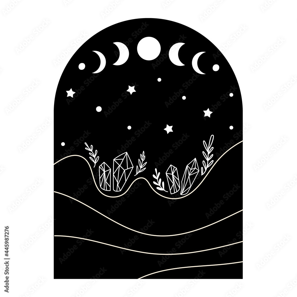 Fototapeta premium Celestial Landscape design element with moon phases. Vector illustration.
