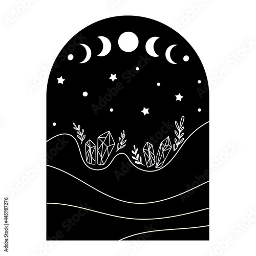 Celestial Landscape design element with moon phases. Vector illustration.