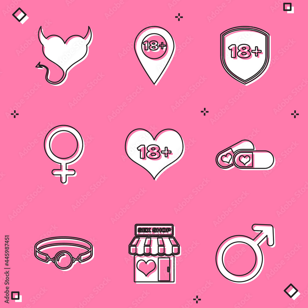 Set Devil heart with horns, Location 18 plus, Shield, Female gender symbol, content, Pills for potency, Silicone ball gag and Sex shop building icon. Vector Set Devil heart with horns, Location 18 plus, Shield, Female gender symbol, content, Pills for potency, Silicone ball gag and Sex shop building icon. Vector