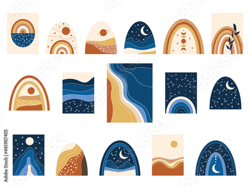 Abstract landscapes and rainbow clipart. Vector illustration.