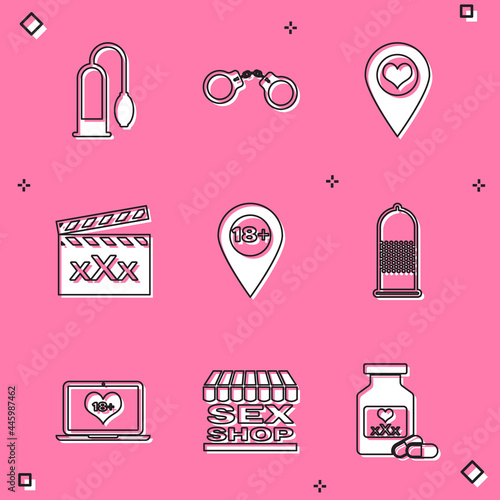 Set Penis pump, Handcuffs, Location with heart, Movie clapper Sex, 18 plus, Condom safe sex, Laptop content and shop building icon. Vector