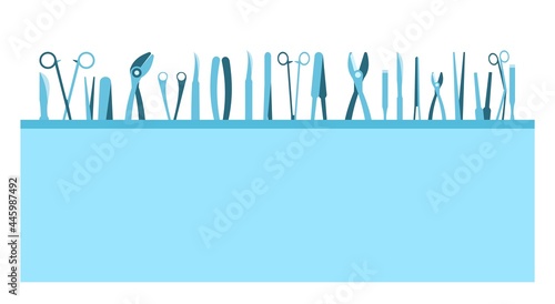 Surgical instruments. Opera medicine. Background illustration. Medicines and services of a cardiologist. Medicinal drugs. Pharmaceuticals. Ambulance. Pharmacy. Flat design. Vector