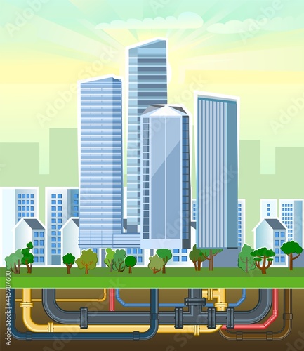 Pipeline for various purposes. Underground part of system. Small private houses and huge high-rise buildings. Illustration vector