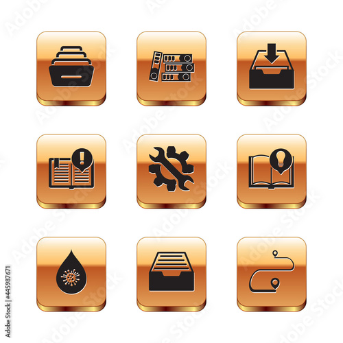 Set Drawer with documents, Dirty water drop, Wrench and gear, Interesting facts, Download inbox, Route location and Office folders icon. Vector