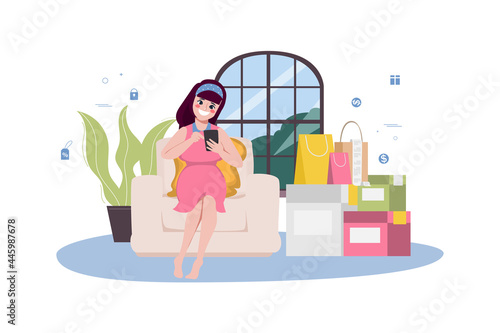 Young woman pregnant shopping online and delivery service.
