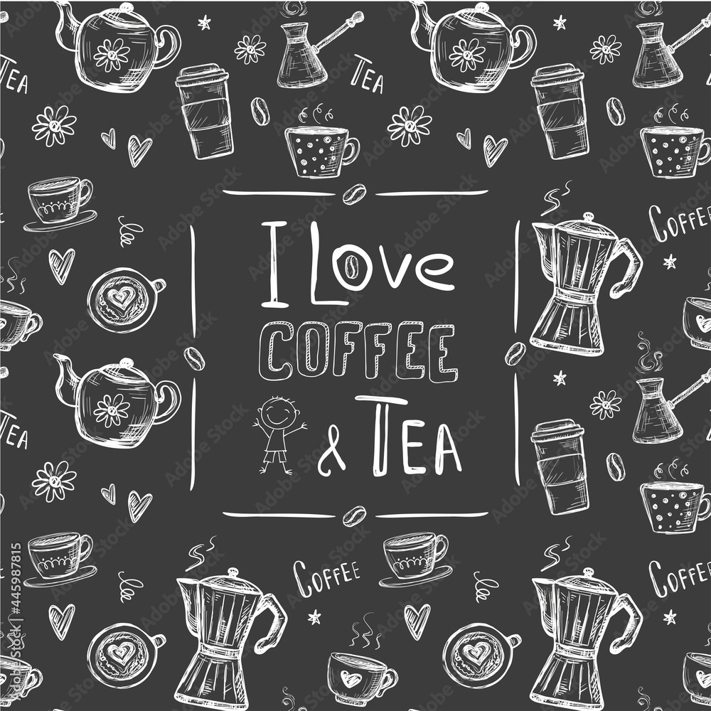  love coffee and tea printable banner. Invitation card or frame template for text, menu. Hand drawing sketch, monochrome texture. Various doodle cups,
