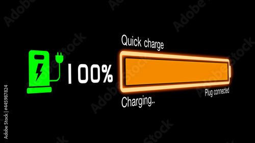 Colorful electric vehicle car charging battery indicating progress of the increasing with percentage show fill up to 100%