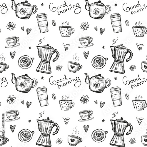 Coffee and tea seamless pattern. Hand drawing, monochrome texture. Different cups, mugs and coffee pots on white background. Good morning- text.