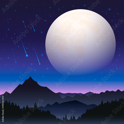 starfall at night against the background of mountains and hills