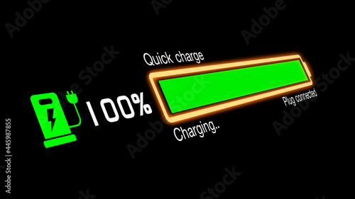 Colorful electric vehicle car charging battery indicating progress of the increasing with percentage show fill up to 100%