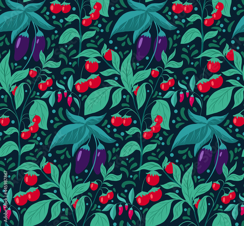 Seamless pattern with vegetables  foliage and doodle decoration. Vector texture with eggplants  cherry tomatoes  chili peppers on dark background. Natural garden wallpaper. Fabrics with flat greens