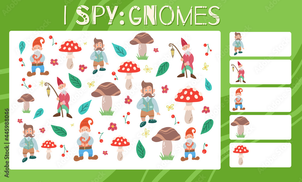 I spy game. Childrens educational fun. Count how many gnomes. Flat hand drawn mushroom, strawberry, leprechaun and flowers. Vector fairy template for preschool games. Education task sheet