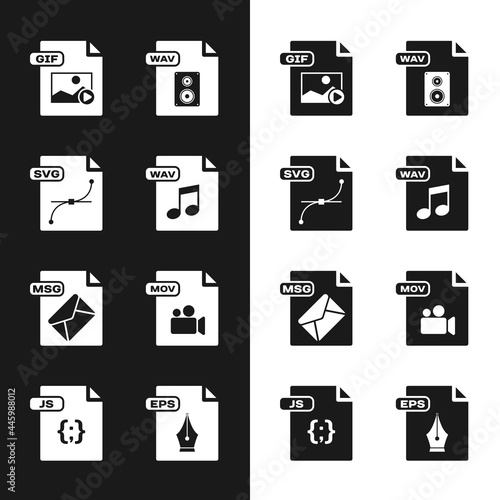 Set WAV file document, SVG, GIF, MSG, MOV, EPS and JS icon. Vector