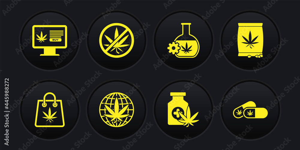 Set Shopping bag of marijuana, Marijuana or cannabis seeds, Legalize, Medical bottle with, Test tube, Stop, pills and Online buying icon. Vector Set Shopping bag of marijuana, Marijuana or cannabis seeds, Legalize, Medical bottle with, Test tube, Stop, pills and Online buying icon. Vector