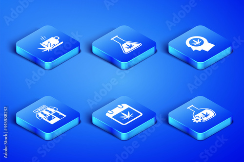 Set Test tube with marijuana, Cup tea, Calendar and, Marijuana cannabis store, and Head in profile icon. Vector