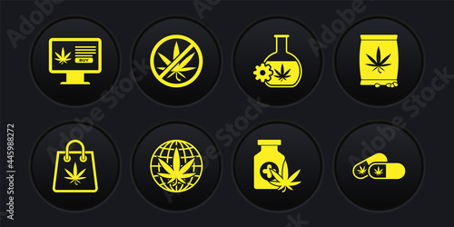 Set Shopping bag of marijuana, Marijuana or cannabis seeds, Legalize, Medical bottle with, Test tube, Stop, pills and Online buying icon. Vector
