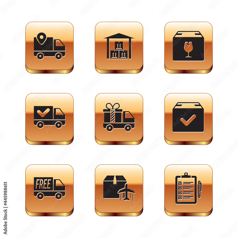 Set Delivery tracking, Free delivery service, Plane and cardboard box, truck with gift, check mark, fragile content, Verification of list and Warehouse icon. Vector Set Delivery tracking, Free delivery service, Plane and cardboard box, truck with gift, check mark, fragile content, Verification of list and Warehouse icon. Vector