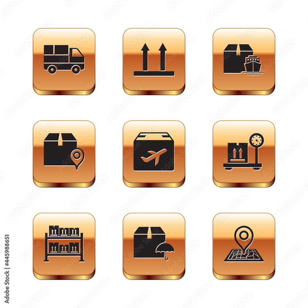 Set Delivery truck with boxes, Warehouse, package umbrella, Plane and cardboard, Location, Cargo ship, Placeholder map and This side up icon. Vector Set Delivery truck with boxes, Warehouse, package umbrella, Plane and cardboard, Location, Cargo ship, Placeholder map and This side up icon. Vector