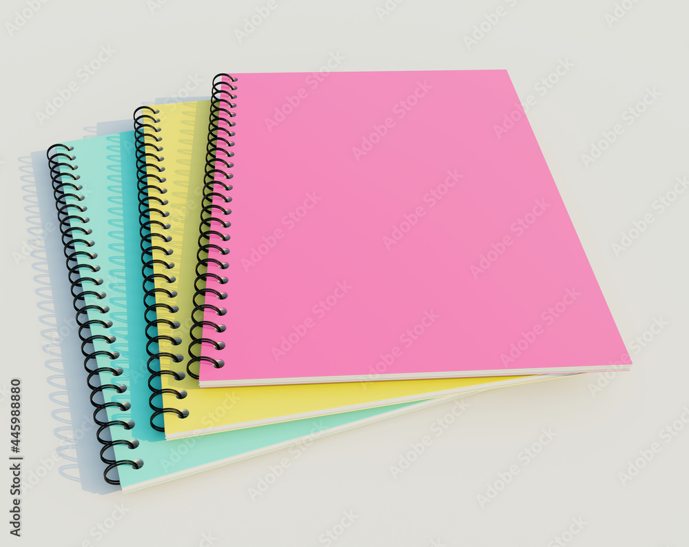 Colourful stacked spiral binder notebooks. Blank notebooks. Side view. 3D  rendering illustration. Stock Illustration | Adobe Stock