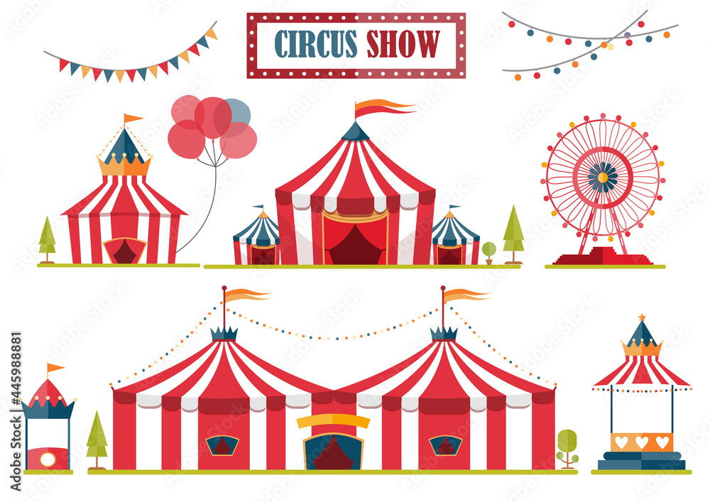 Fototapeta premium Set of circus tent marquee with stripes and flags isolated,Ferris Wheel,Vector illustrations.