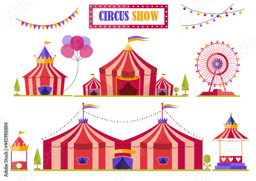 Set of circus tent marquee with stripes and flags isolated,Ferris Wheel,Vector illustrations.