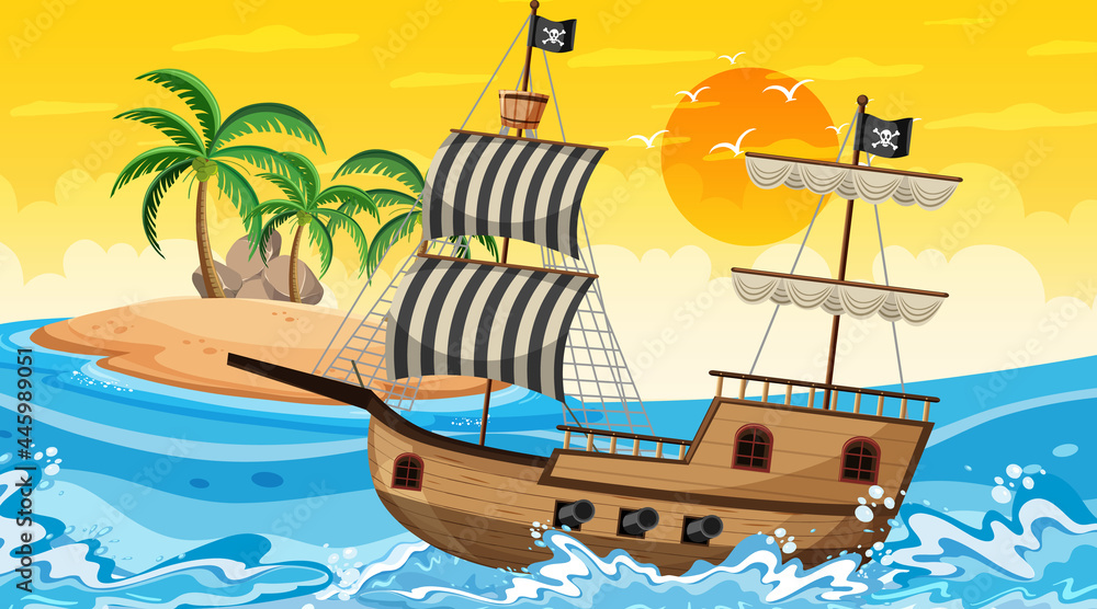 Ocean with Pirate ship at sunset time scene in cartoon style Ocean with Pirate ship at sunset time scene in cartoon style