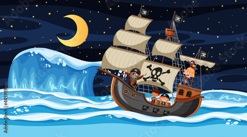 Ocean with Pirate ship at night scene in cartoon style