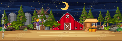 Farmland horizontal scene with barn and windmill at night time