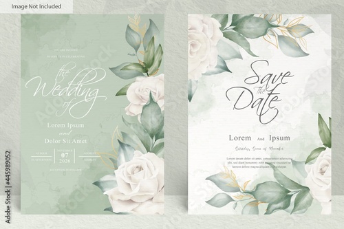 watercolor wedding invitation template with arrangement flower and leaves photo